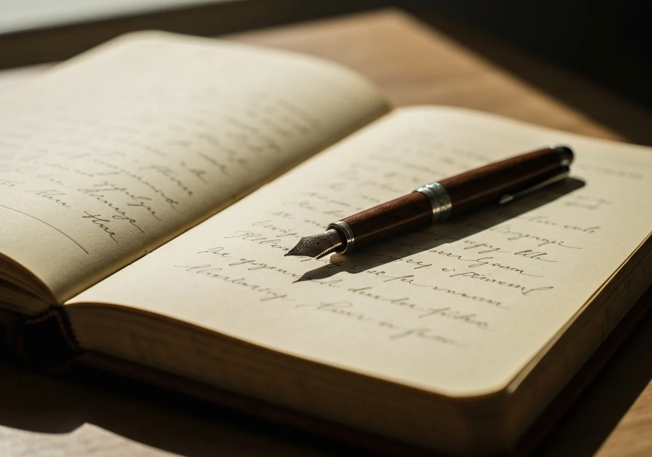 Aufgeschlagenes Notizbuch mit handschriftlichen Notizen und Füllfederhalter auf einem Holztisch