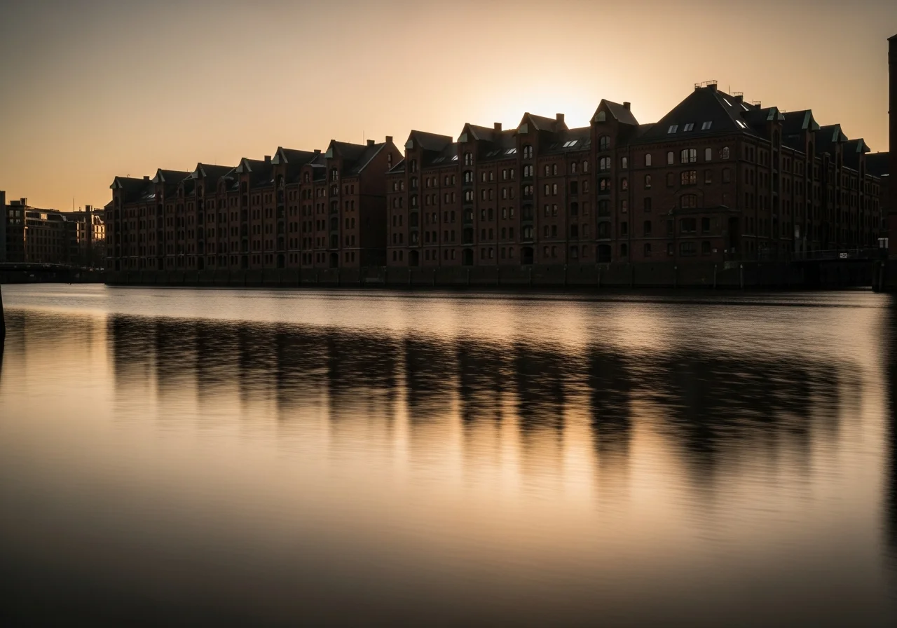 Ruhiger Hafenkanal in der Abenddämmerung mit alten Backsteinspeichern