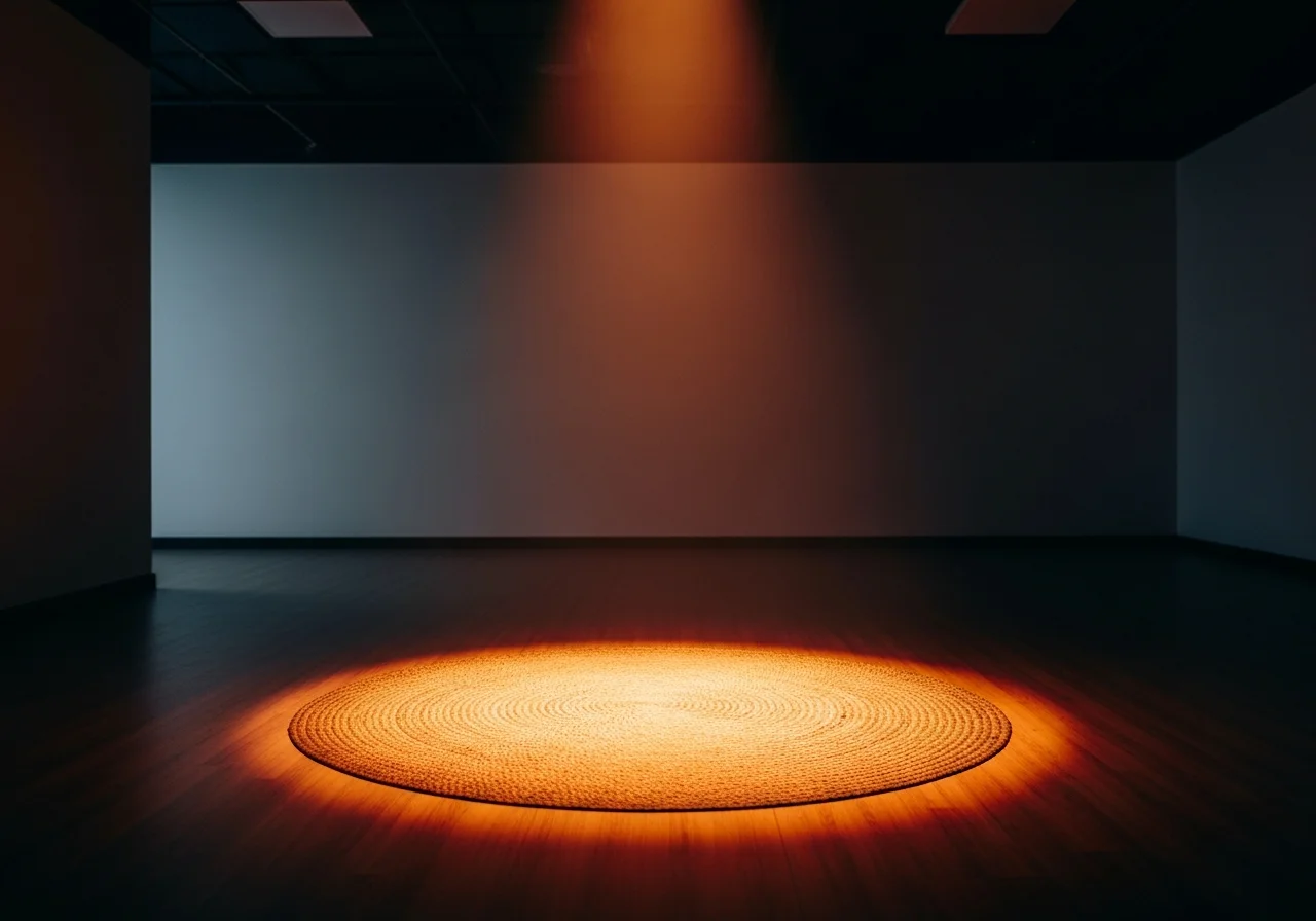 Leere kreisförmige Bühnenfläche mit rundem Teppich unter einem warmen Spotlight