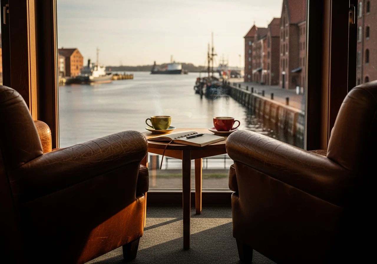 Zwei leere Sessel einander gegenübergestellt an einem Fenster mit Blick auf den Hafen